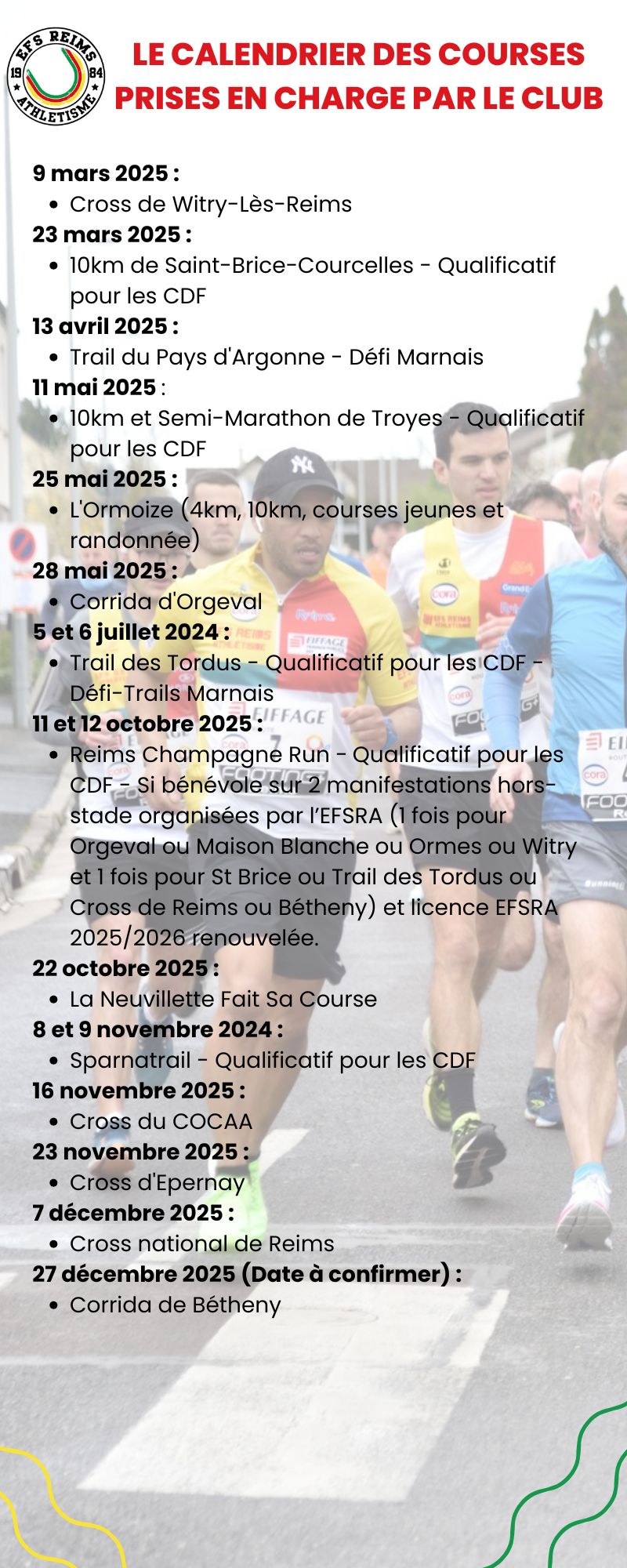 Calendrier des courses 2025 prises en charge par le club